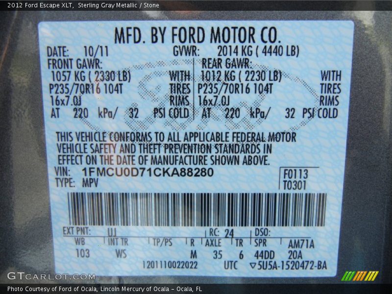 Sterling Gray Metallic / Stone 2012 Ford Escape XLT