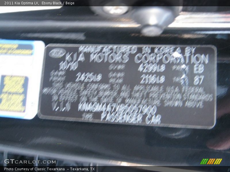 Ebony Black / Beige 2011 Kia Optima LX