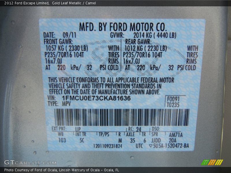 2012 Escape Limited Gold Leaf Metallic Color Code UP