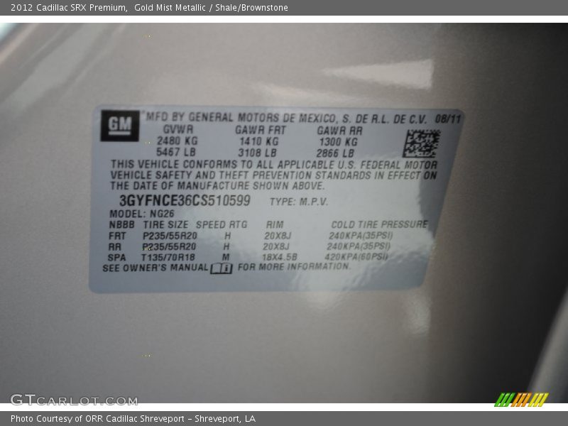 Gold Mist Metallic / Shale/Brownstone 2012 Cadillac SRX Premium