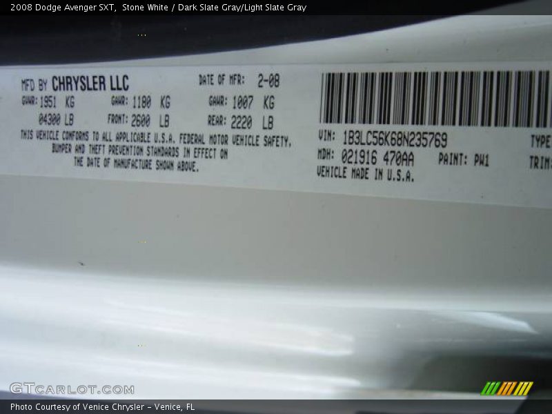 Stone White / Dark Slate Gray/Light Slate Gray 2008 Dodge Avenger SXT