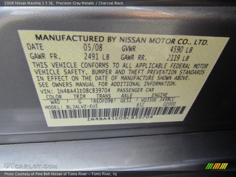 Precision Gray Metallic / Charcoal Black 2008 Nissan Maxima 3.5 SE