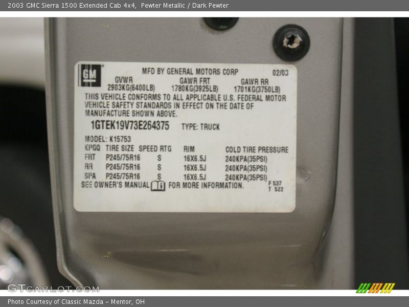 Pewter Metallic / Dark Pewter 2003 GMC Sierra 1500 Extended Cab 4x4