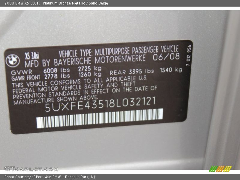 Platinum Bronze Metallic / Sand Beige 2008 BMW X5 3.0si