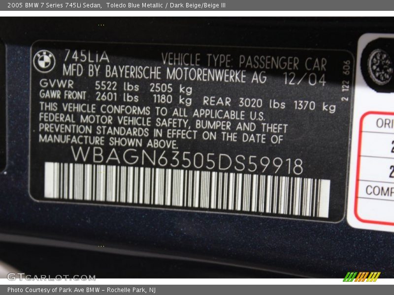 Toledo Blue Metallic / Dark Beige/Beige III 2005 BMW 7 Series 745Li Sedan