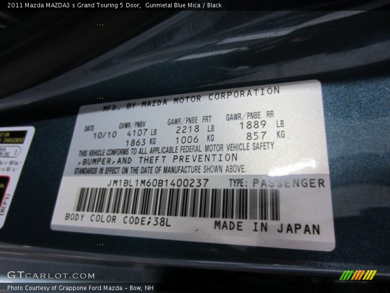 2011 MAZDA3 s Grand Touring 5 Door Gunmetal Blue Mica Color Code 38L