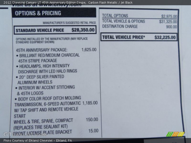  2012 Camaro LT 45th Anniversary Edition Coupe Window Sticker