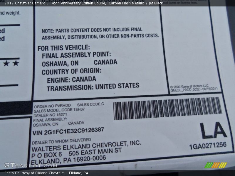  2012 Camaro LT 45th Anniversary Edition Coupe Window Sticker