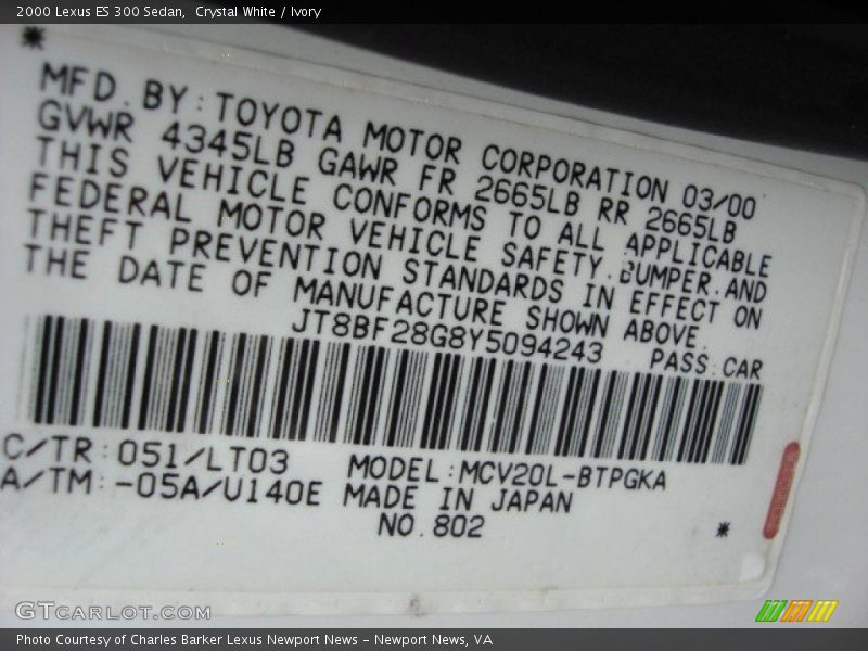 Crystal White / Ivory 2000 Lexus ES 300 Sedan