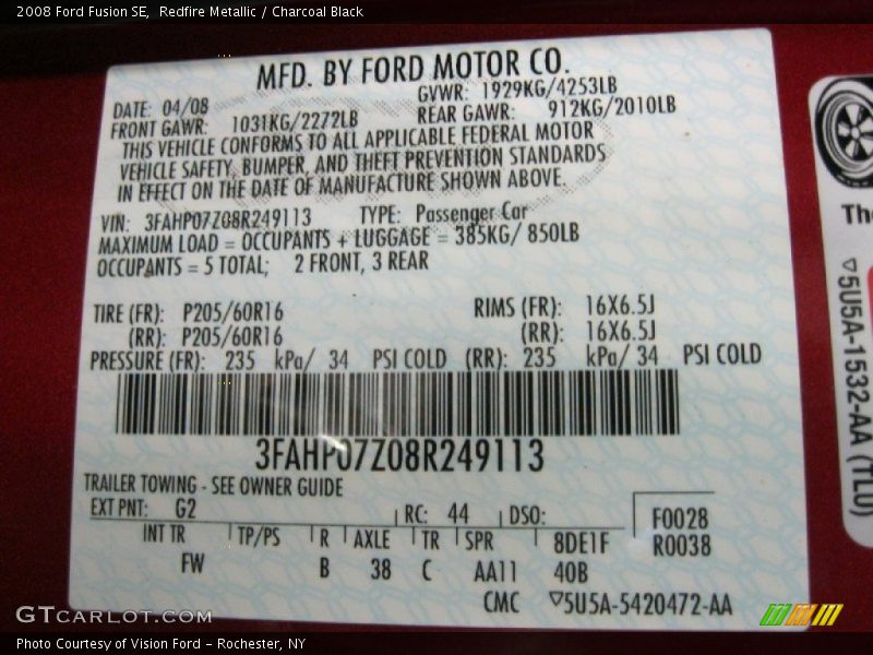 Redfire Metallic / Charcoal Black 2008 Ford Fusion SE