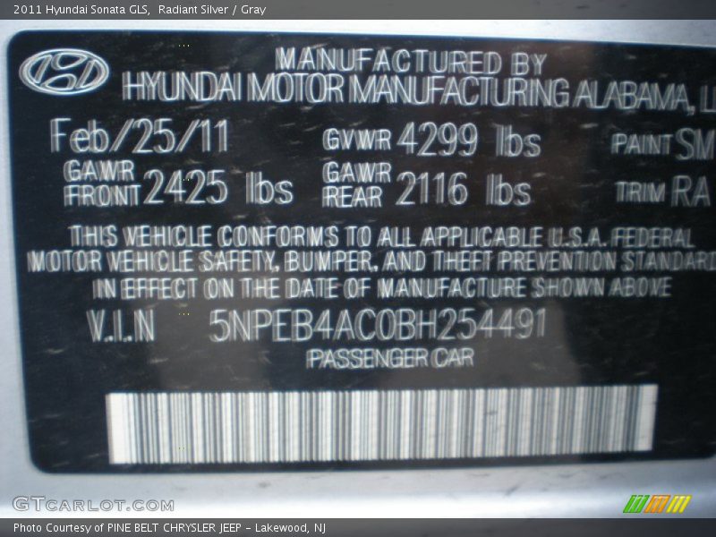 Radiant Silver / Gray 2011 Hyundai Sonata GLS