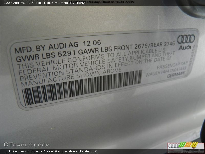 Light Silver Metallic / Ebony 2007 Audi A6 3.2 Sedan