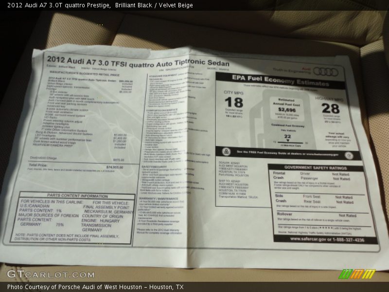  2012 A7 3.0T quattro Prestige Window Sticker