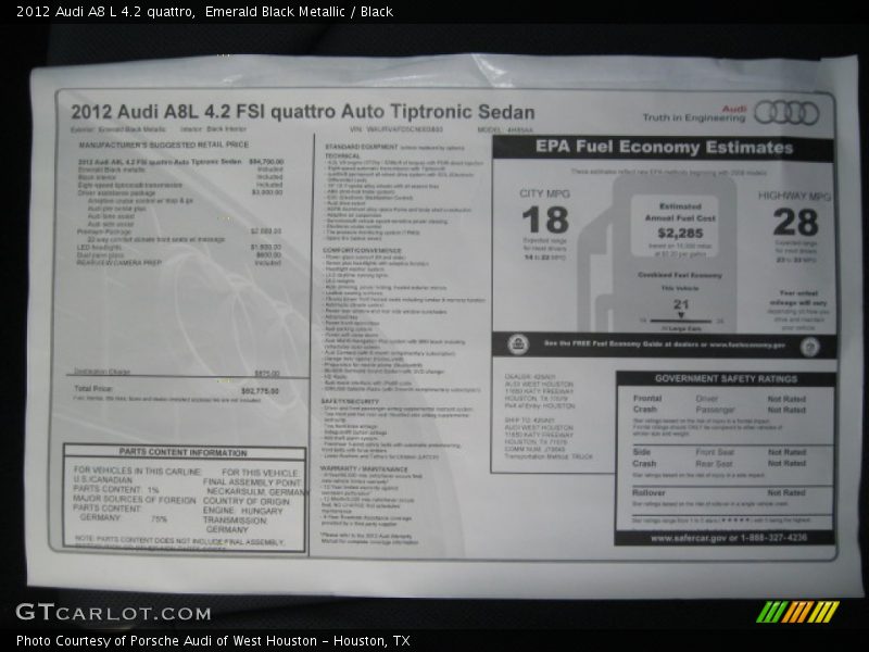  2012 A8 L 4.2 quattro Window Sticker