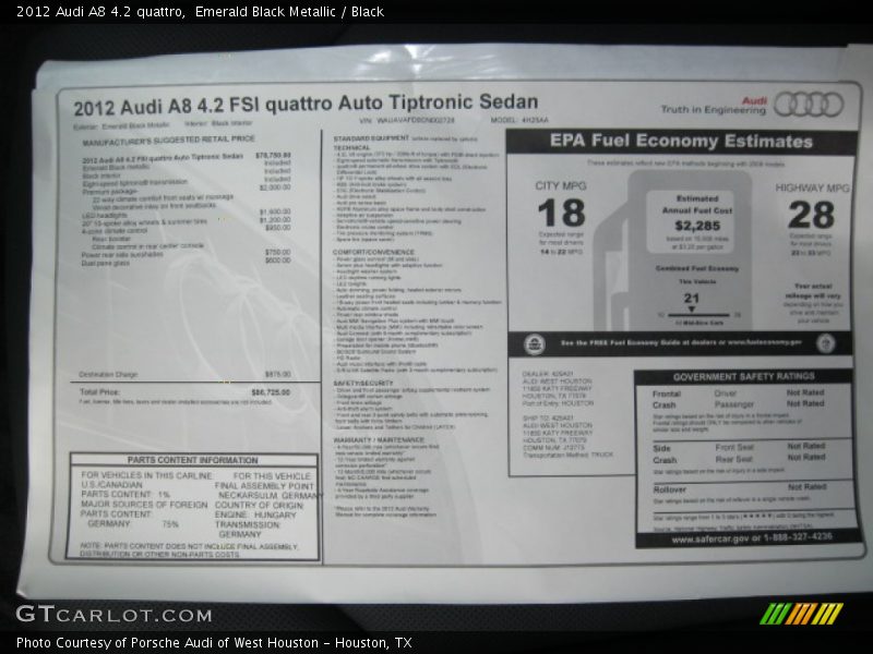 Emerald Black Metallic / Black 2012 Audi A8 4.2 quattro