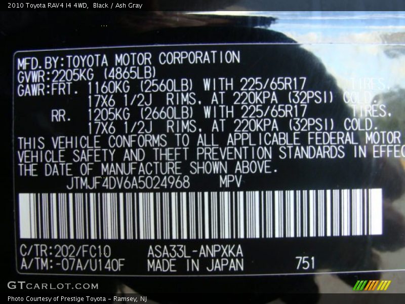 2010 RAV4 I4 4WD Black Color Code 202