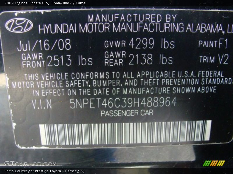 Ebony Black / Camel 2009 Hyundai Sonata GLS