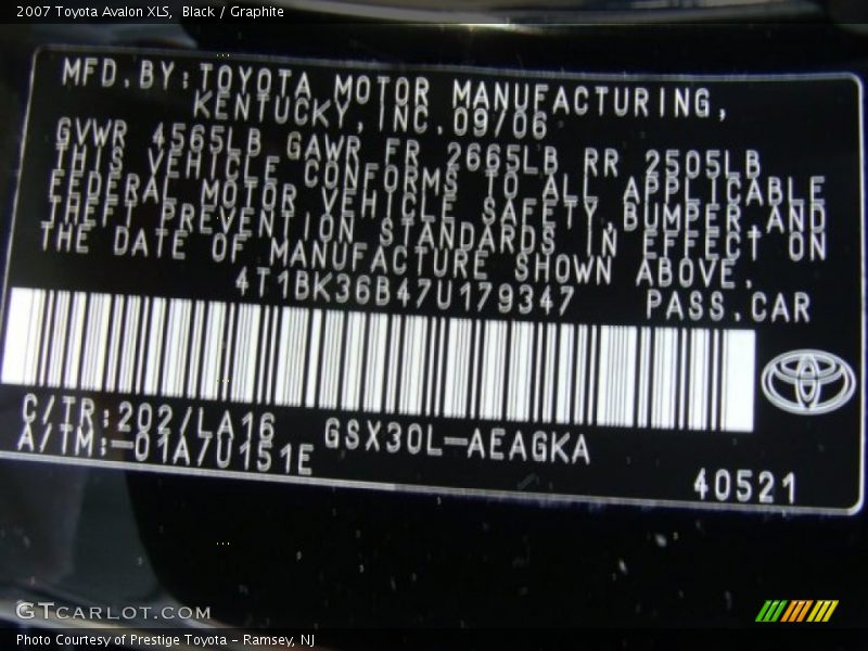 Black / Graphite 2007 Toyota Avalon XLS