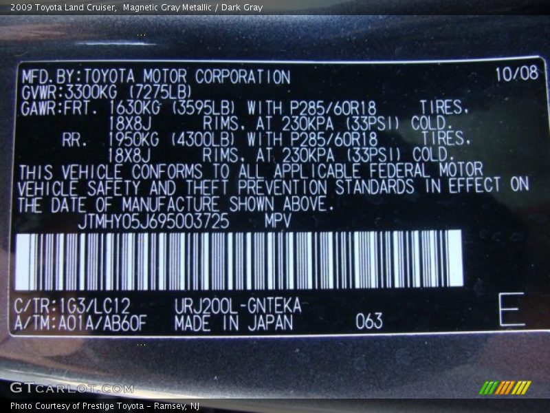 2009 Land Cruiser  Magnetic Gray Metallic Color Code 1G3
