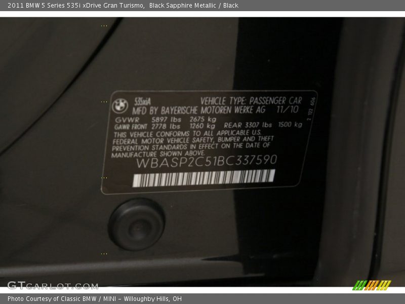 Black Sapphire Metallic / Black 2011 BMW 5 Series 535i xDrive Gran Turismo