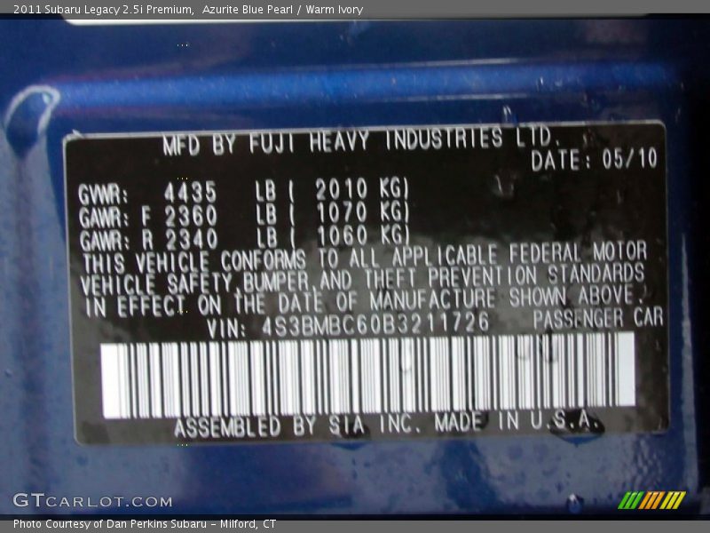 Azurite Blue Pearl / Warm Ivory 2011 Subaru Legacy 2.5i Premium
