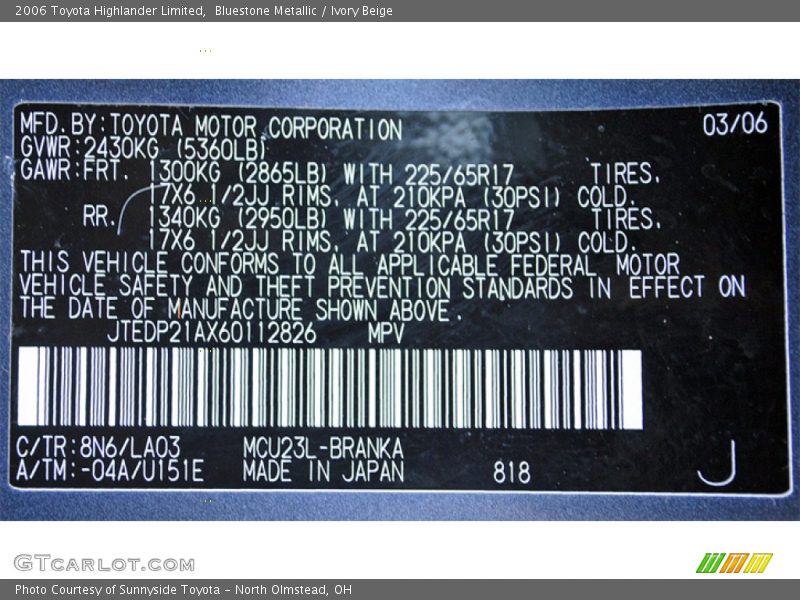 Bluestone Metallic / Ivory Beige 2006 Toyota Highlander Limited