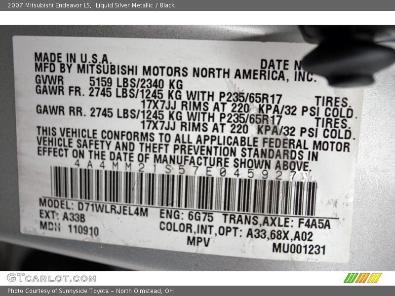 Liquid Silver Metallic / Black 2007 Mitsubishi Endeavor LS