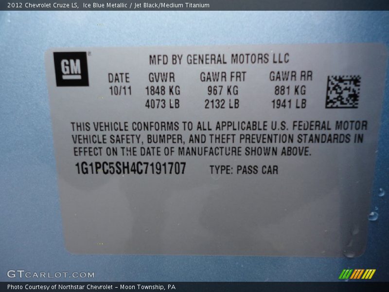 Ice Blue Metallic / Jet Black/Medium Titanium 2012 Chevrolet Cruze LS