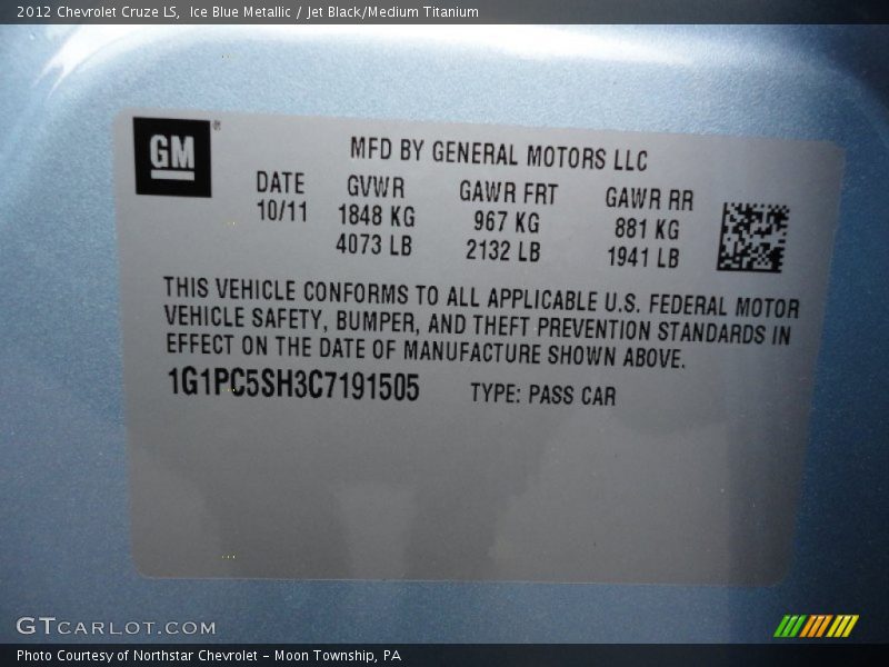 Ice Blue Metallic / Jet Black/Medium Titanium 2012 Chevrolet Cruze LS