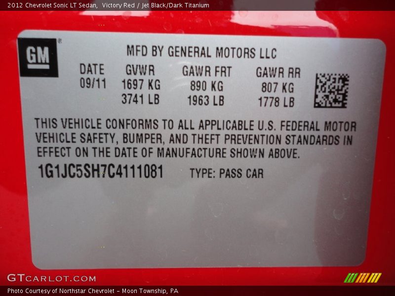 Info Tag of 2012 Sonic LT Sedan