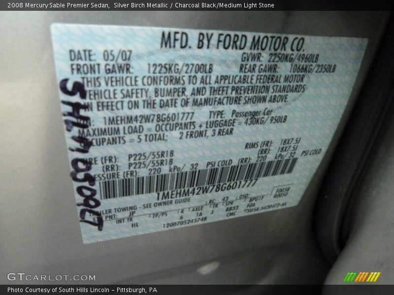 Silver Birch Metallic / Charcoal Black/Medium Light Stone 2008 Mercury Sable Premier Sedan