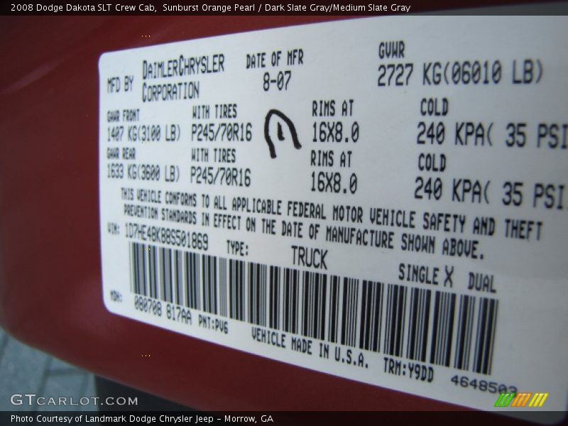 Sunburst Orange Pearl / Dark Slate Gray/Medium Slate Gray 2008 Dodge Dakota SLT Crew Cab