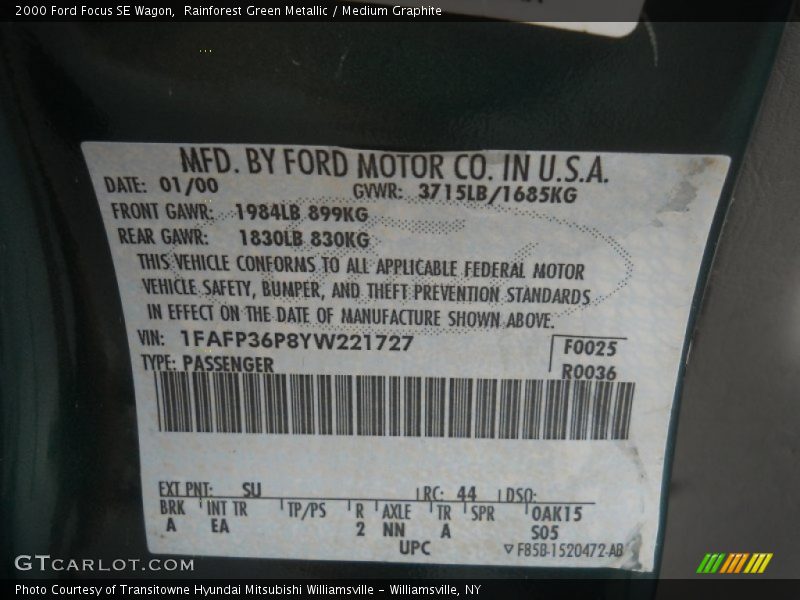 2000 Focus SE Wagon Rainforest Green Metallic Color Code SU