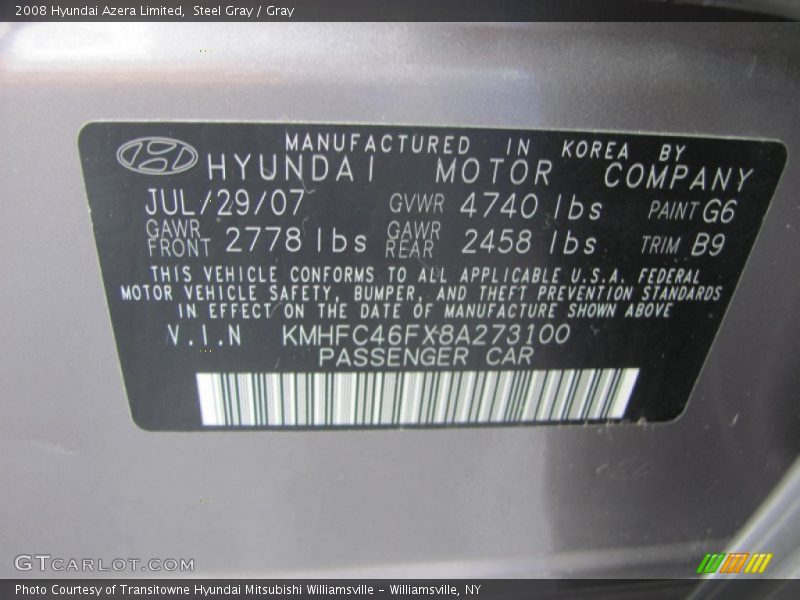 Steel Gray / Gray 2008 Hyundai Azera Limited