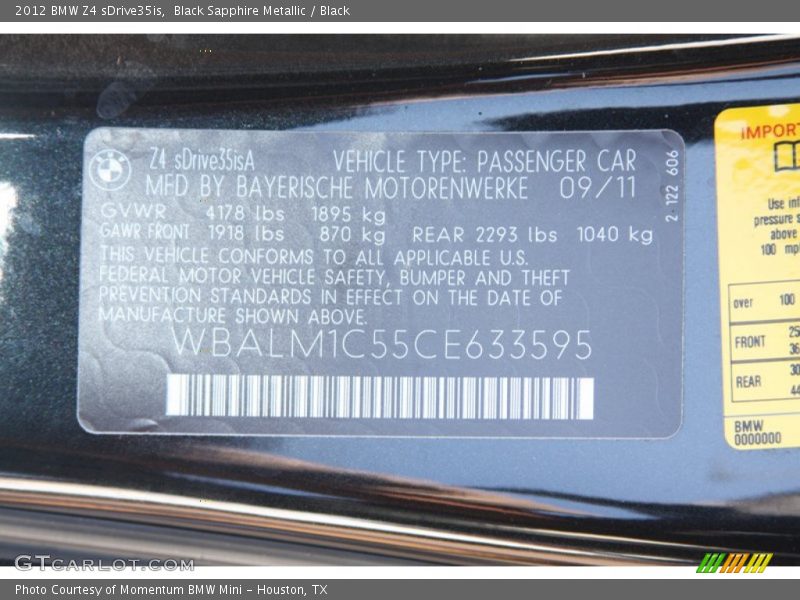 Info Tag of 2012 Z4 sDrive35is