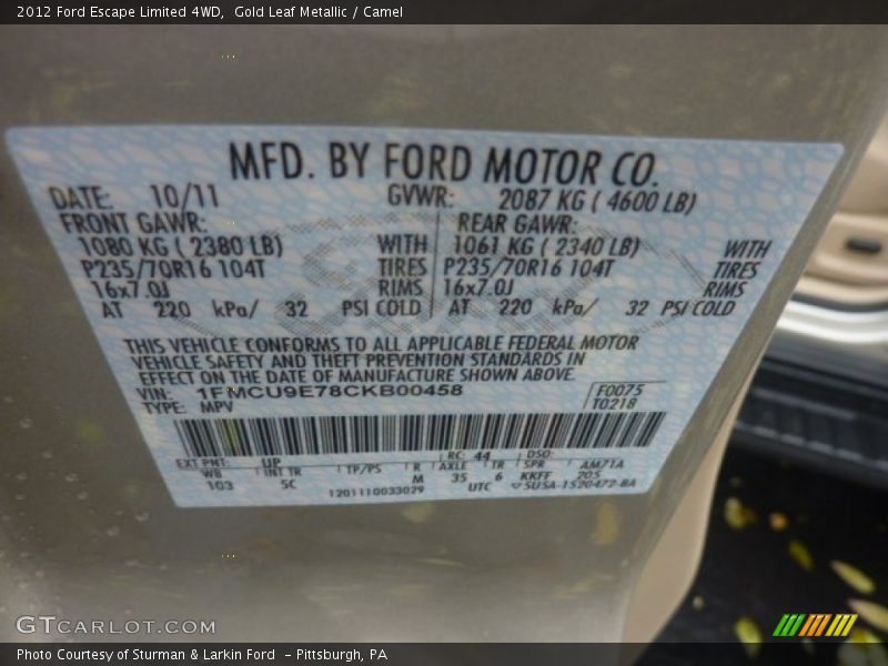 2012 Escape Limited 4WD Gold Leaf Metallic Color Code UP