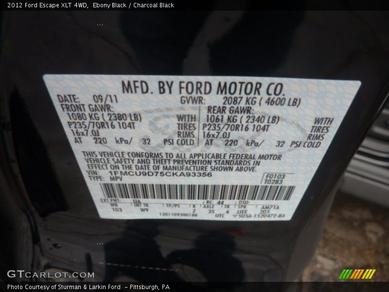 Ebony Black / Charcoal Black 2012 Ford Escape XLT 4WD