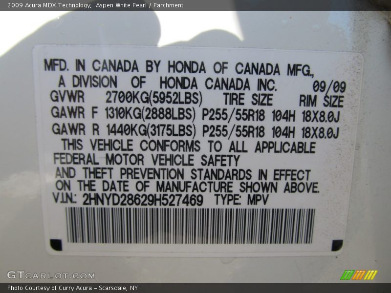 Aspen White Pearl / Parchment 2009 Acura MDX Technology