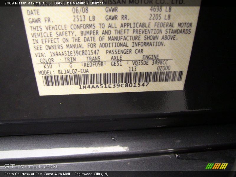 Dark Slate Metallic / Charcoal 2009 Nissan Maxima 3.5 S