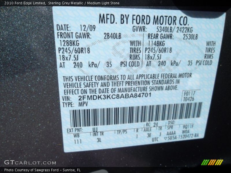 Sterling Grey Metallic / Medium Light Stone 2010 Ford Edge Limited