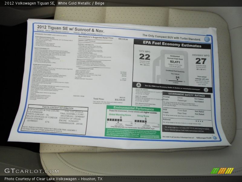 White Gold Metallic / Beige 2012 Volkswagen Tiguan SE