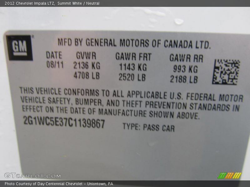 Info Tag of 2012 Impala LTZ