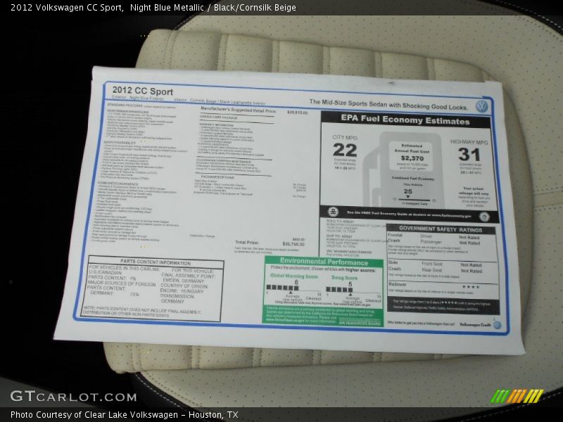 Night Blue Metallic / Black/Cornsilk Beige 2012 Volkswagen CC Sport