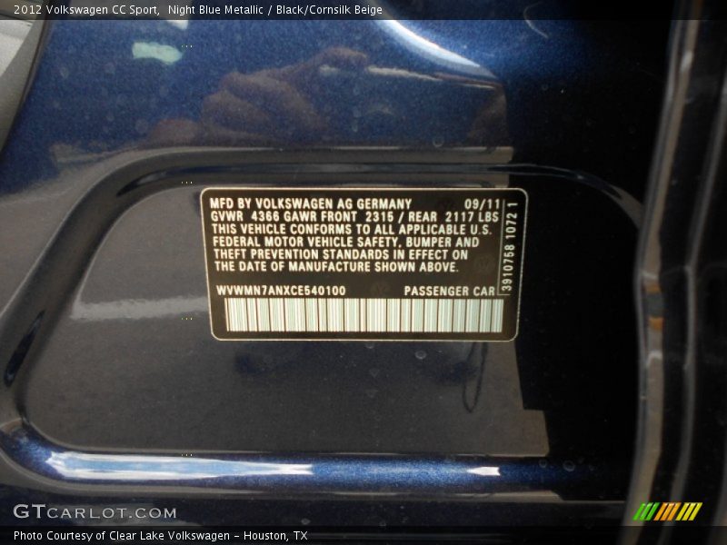 Night Blue Metallic / Black/Cornsilk Beige 2012 Volkswagen CC Sport
