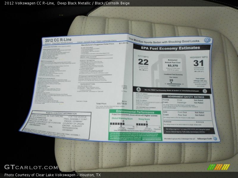 Deep Black Metallic / Black/Cornsilk Beige 2012 Volkswagen CC R-Line