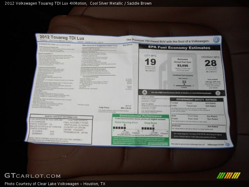  2012 Touareg TDI Lux 4XMotion Window Sticker