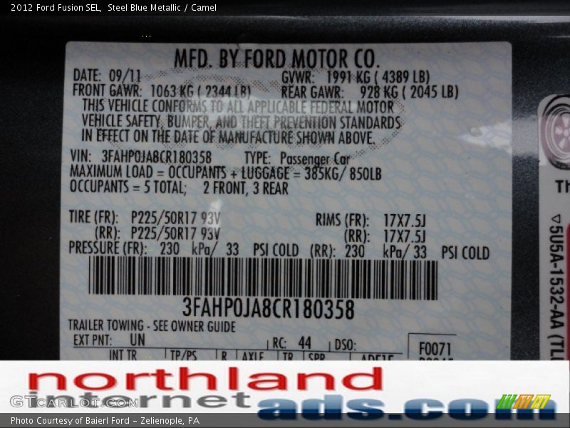 Steel Blue Metallic / Camel 2012 Ford Fusion SEL