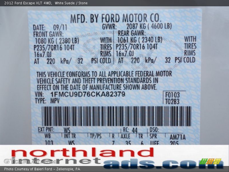 White Suede / Stone 2012 Ford Escape XLT 4WD