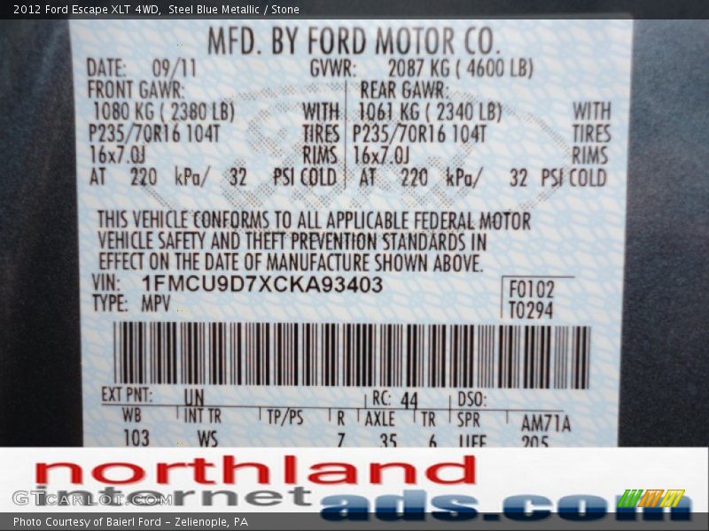 Steel Blue Metallic / Stone 2012 Ford Escape XLT 4WD