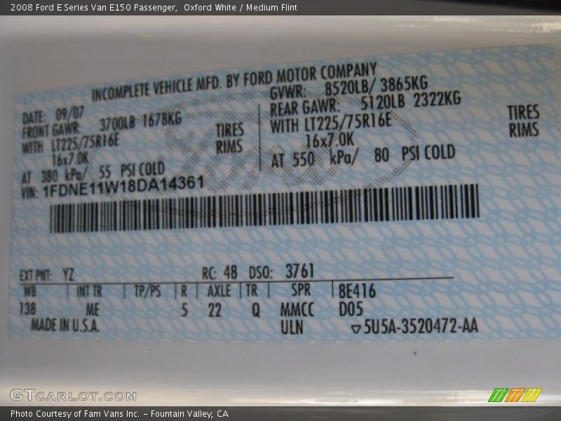 2008 E Series Van E150 Passenger Oxford White Color Code YZ